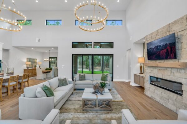 family room with chandelier
