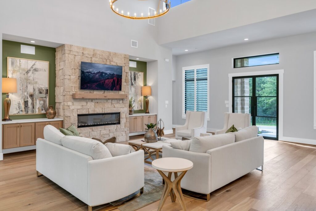 7125 Morningbrook family room with stone fireplace